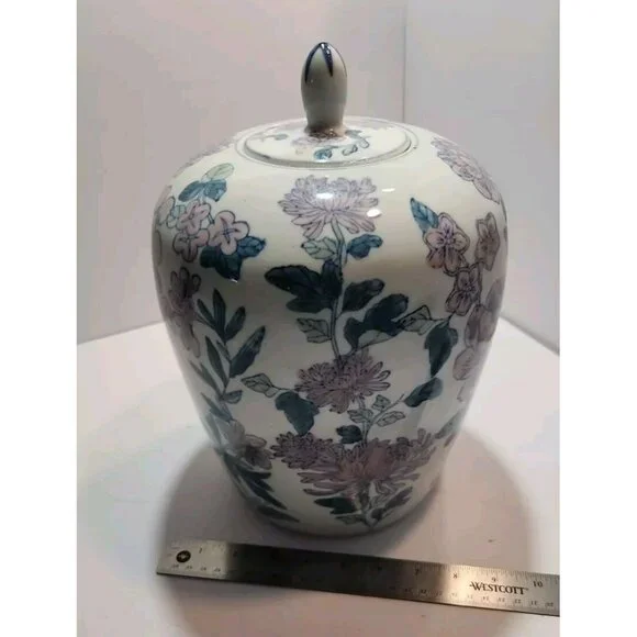 Vtg Chinese Ginger/Temple Jar Temple with Lid Pink Florals Green Leaves on White